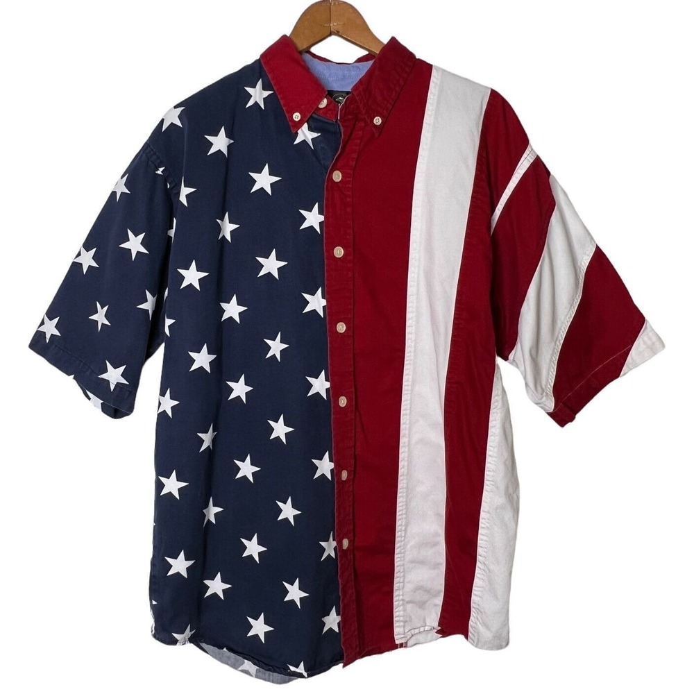 Vtg Flag Print Shirt Mens M Red White Blue Button Front Cotton Stars‎ Stripes